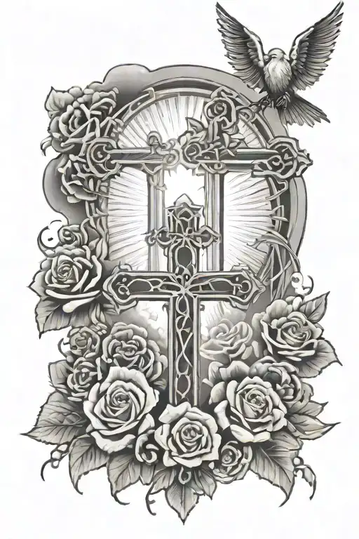 3 Crosses with rosses under and sunlight coming from the top with clouds in the middle  tattoo design idea