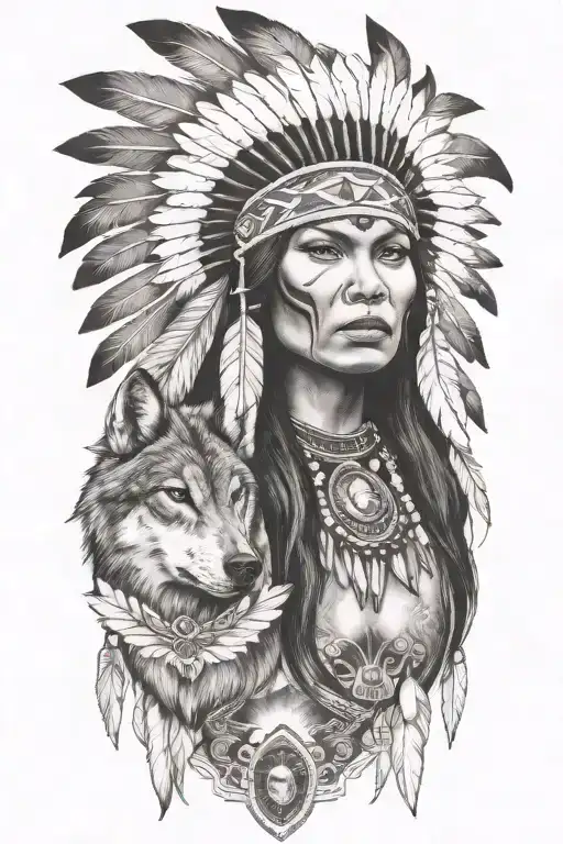 native American women wolf surrounded tattoo design idea