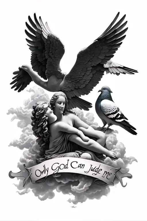 angels surrounded by clouds with text "only god can judge me" and pigeons tattoo design idea