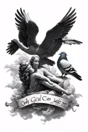 angels surrounded by clouds with text "only god can judge me" and pigeons tattoo design idea
