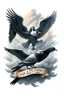 angels surrounded by clouds with text "only god can judge me" and pigeons tattoo design idea