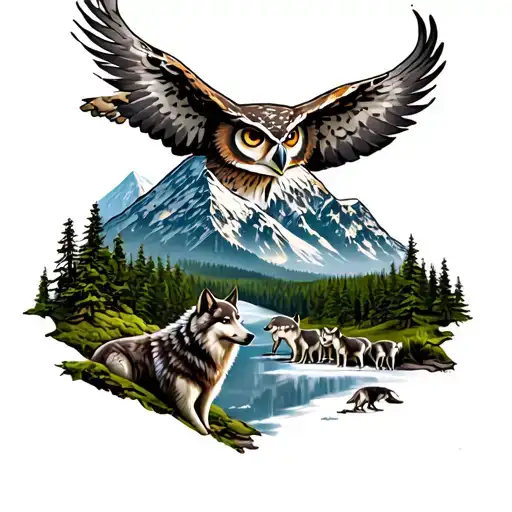 a mountain with a forest, an owl, wolves, and a wolf pack leader tattoo design idea