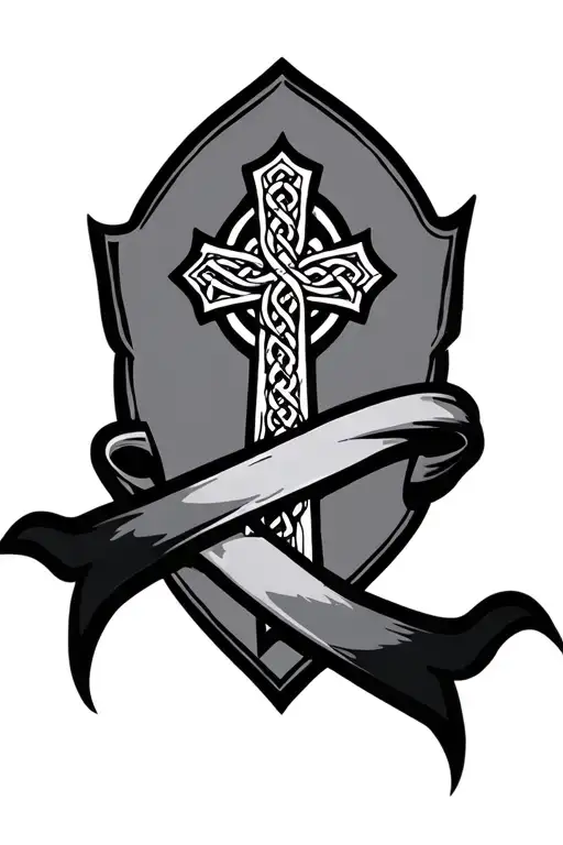 celtic cross wrapped banner ribbon across tattoo design idea
