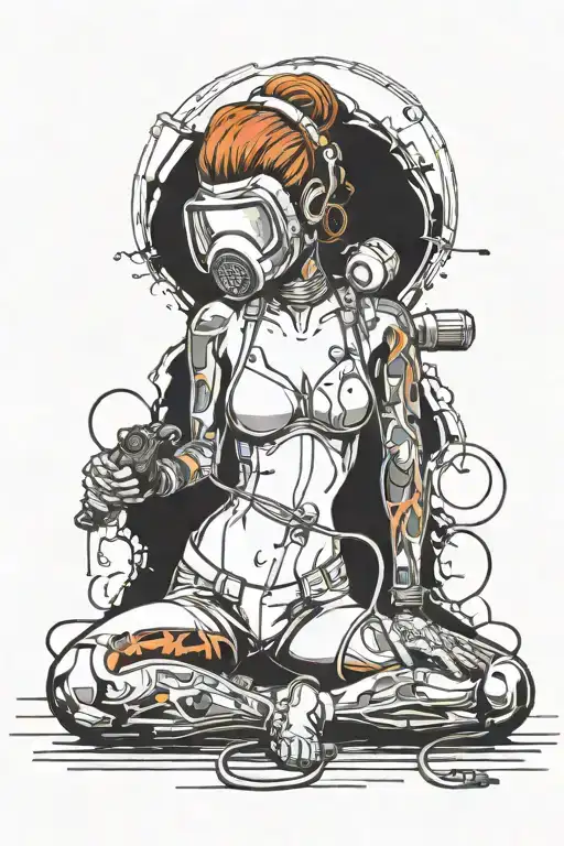 sexy female body donning welding mask and lingerie, big, round ass,  over on her knees using torch, she's very fit.   tattoo design idea