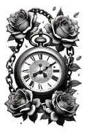 chained pocket watch surrounded by roses falling tattoo design idea