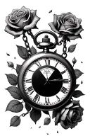 chained pocket watch surrounded by roses falling tattoo design idea