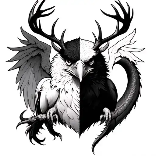 create tattoo with half black and half white eagle face, deer antlers, dragon wings and a dragon tail coming from behind tattoo design idea