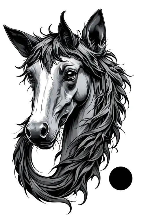 This gothic fine-line tattoo design depicts a kelpie, a Scottish mythical water horse. The vertical composition features tattoo design idea