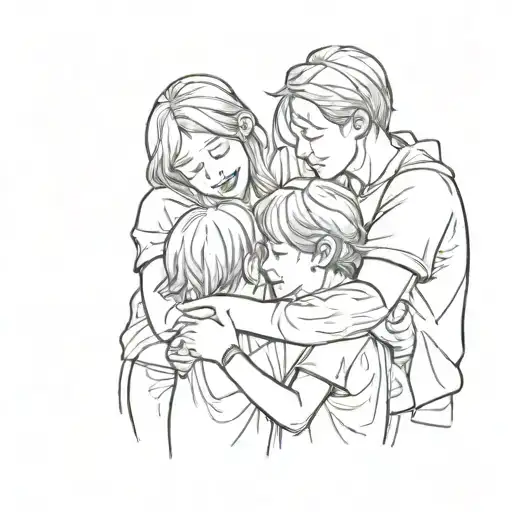 a family of 2 parents and 3 kids seen from backwards is hugging and crying tattoo design idea