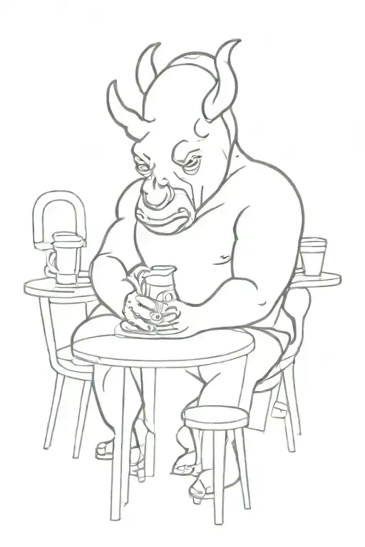 a humanoid with a rhinoceros face sitting at a table drinking a beer tattoo design idea