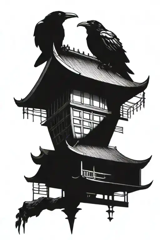 crow on a Japanese house tattoo design idea