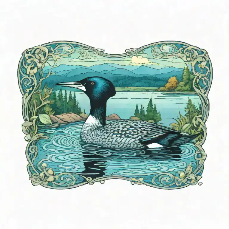 freshwater landscape, loon up close, art nouveau style tattoo design idea