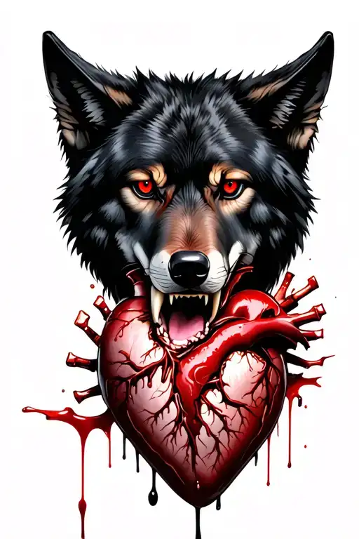 black wolf staring forward, red eyes, biting human heart with blood dripping down tattoo design idea