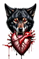 black wolf staring forward, red eyes, biting human heart with blood dripping down tattoo design idea