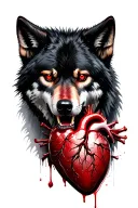 black wolf staring forward, red eyes, biting human heart with blood dripping down tattoo design idea