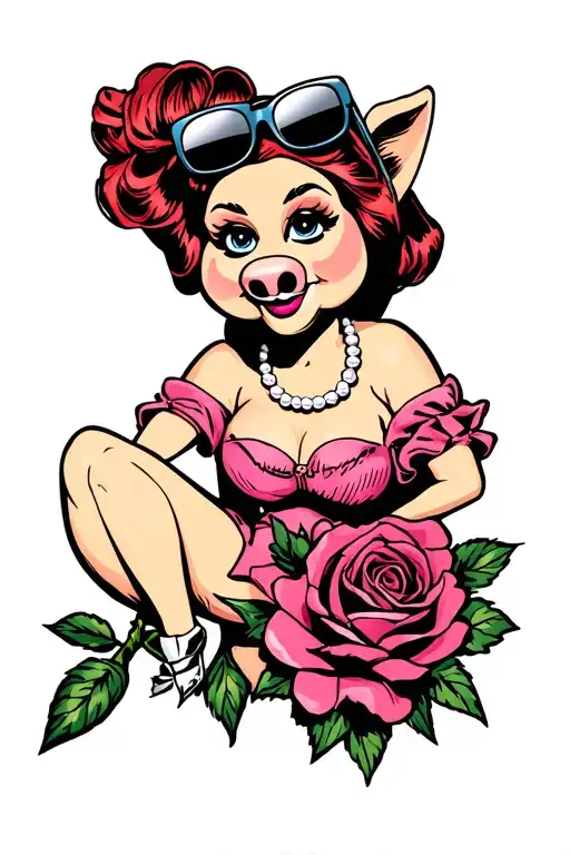 Cartoon Miss Piggy Rosie the Riveter pinup with sunglasses on her head, wearing a pearl necklace and sitting on a rose tattoo design idea