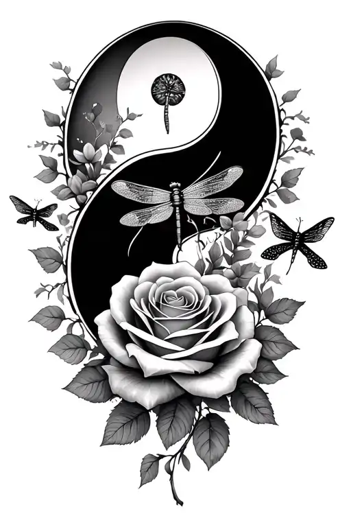 roses, vines, dragonflies, meaningful, yingyang tattoo design idea
