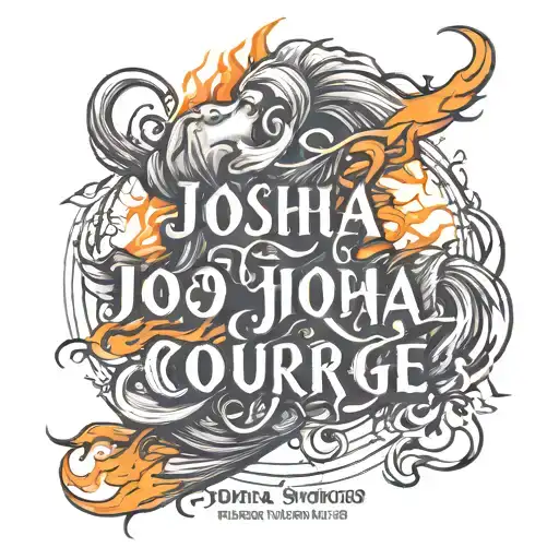 A powerful quote from Joshua 1:9 in a bold, stylized font surrounded by flames and muscle fibers, symbolizing courage and faith tattoo design idea