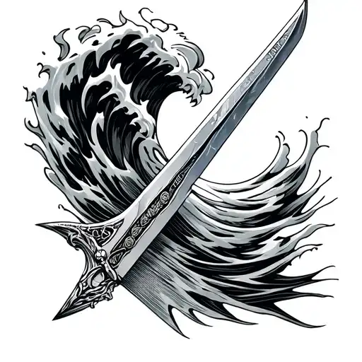 German Sword with wave crashing with KAI tattoo design idea