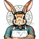 complete rabbit tattoo artist with an apron on and a burst fade hair cut using a coil machine to tattoo with.  tattoo design idea