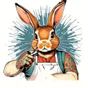 complete rabbit tattoo artist with an apron on and a burst fade hair cut using a coil machine to tattoo with.  tattoo design idea
