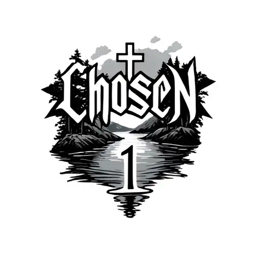 the words "chosen 1" with a cross and a river  tattoo design idea