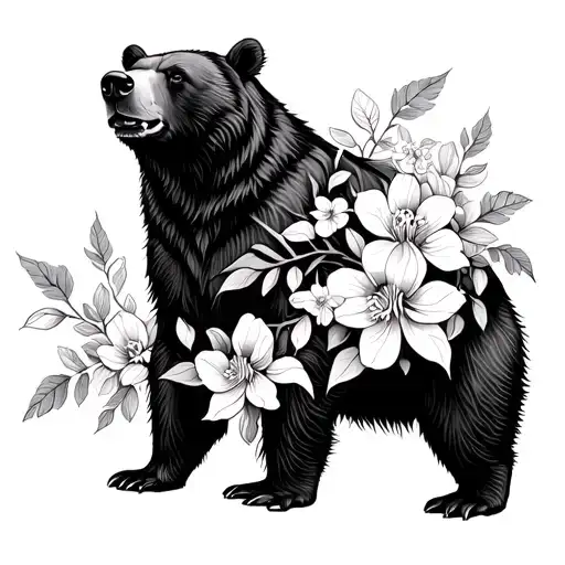 nordic bear wrapped in honeysuckle flowers tattoo design idea