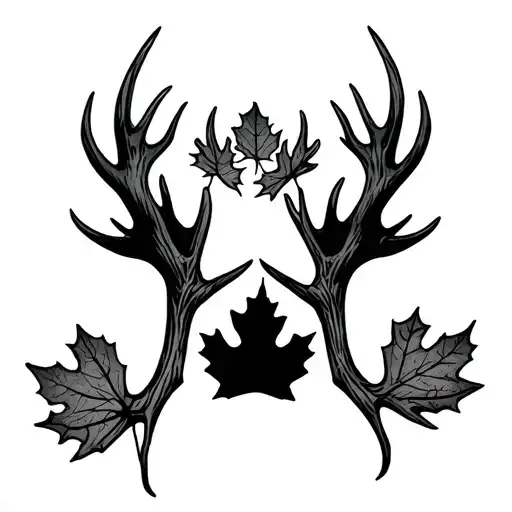 moose antlers, bear paw print, maple leaf intertwined tattoo design idea