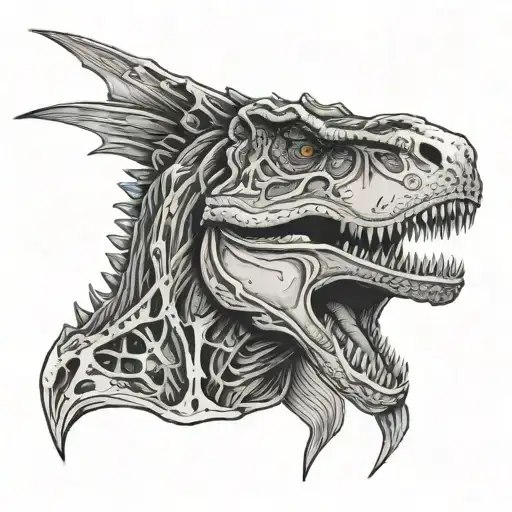 just trex head from the front with phoneix metalic wings and tail related bone surgery tattoo design idea