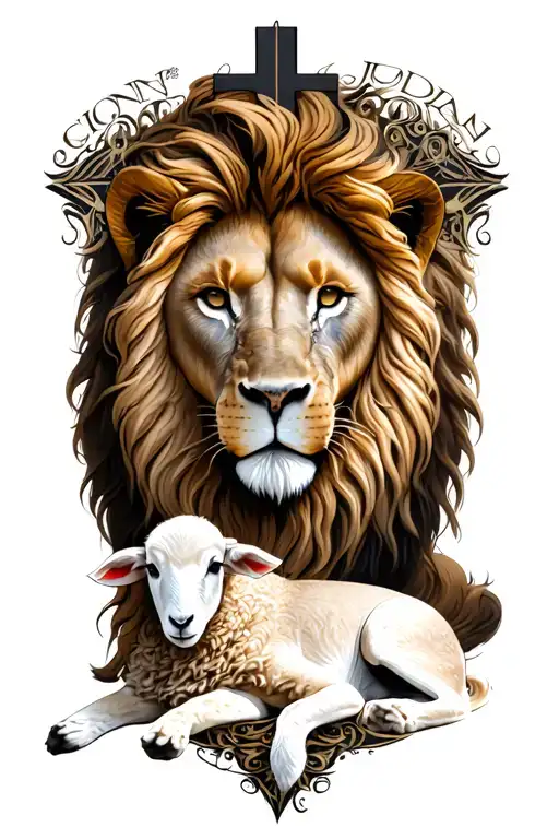"Lion of Judah " lion, cross, and lamb laying tattoo design idea