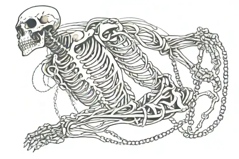 nack tatoo skeleton arm along spine with hand on lower back of neck. thin chain wrapping around arm bones and dangling f tattoo design idea