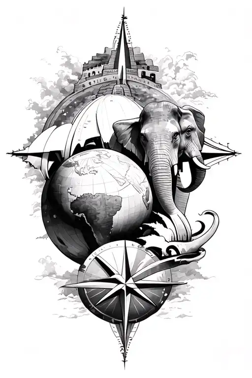 "compass", "globe", "moai", "elephant", "great wall of China", "Sydney opera house" tattoo design idea