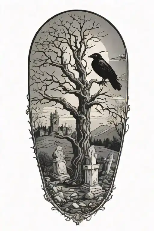 Graveyard with broken tombstones, a lone dead tree in the background, ravens guarding the are. precession of cultists tattoo design idea