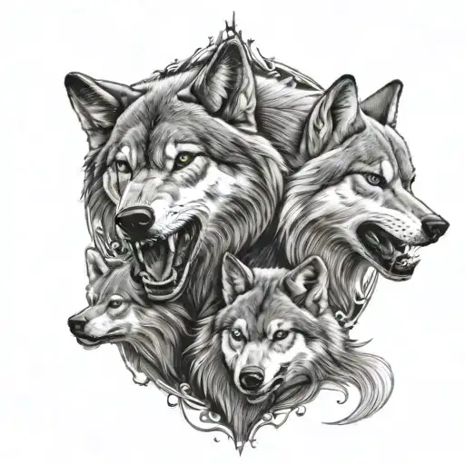 angry wolf with partner & cub surrounded tattoo design idea