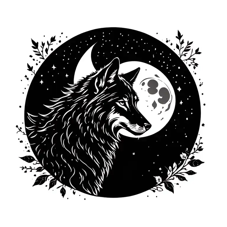 wolf, moon, fine line tattoo tattoo design idea