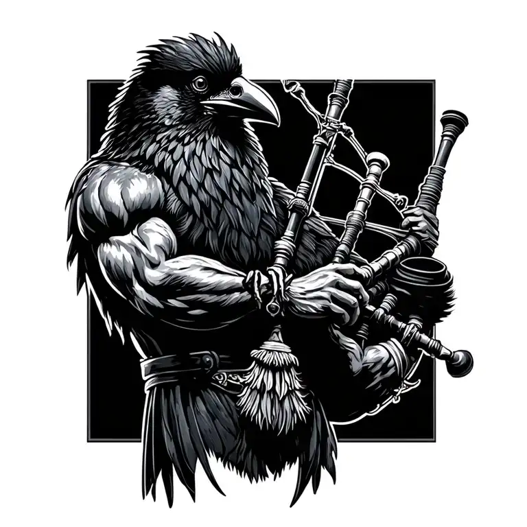  crow muscular with mans face bagpiper playing black bagpipes baldblack beard tattoo design idea