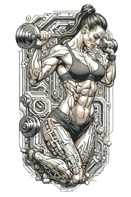 aesthetic bodybuilder muscular women lifting weight with technology circuits vectors board merging tattoo design idea