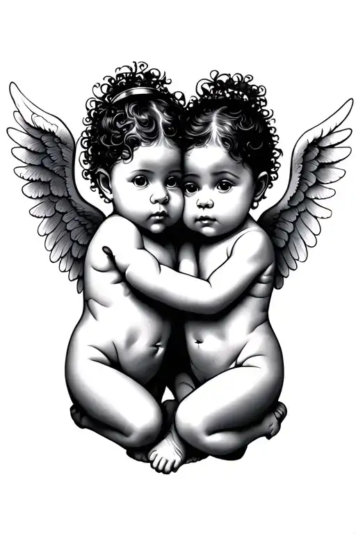 "ARIES & ZUEZ" 2 black Baby Angels tattoo design idea