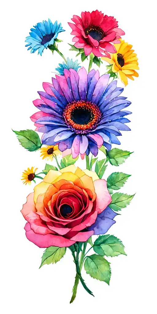 Sunflower, hot pink rose, blue gerbera daisy, teal daisies, hollyhock, red daisies, yellow rose, mint stargazer lily tattoo design idea