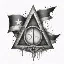 A tattoo combining the Deathly Hallows symbol from Harry Potter with the Argentina flag, in dotwork style tattoo design idea