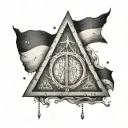 A tattoo combining the Deathly Hallows symbol from Harry Potter with the Argentina flag, in dotwork style tattoo design idea