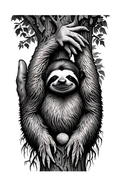 palm to forearm of oak tree with a sloth hanging upside down about halfway up, roots going onto palm with seed in center tattoo design idea