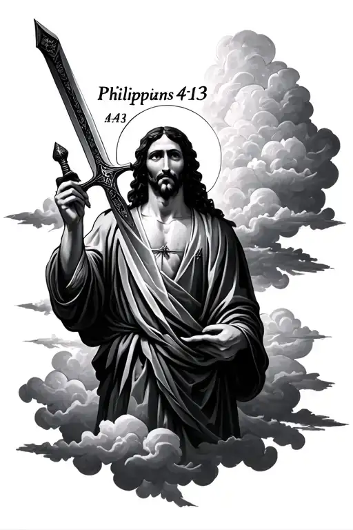 Philippians 4:13 verse written out with clouds, Jesus, sword, tattoo design idea