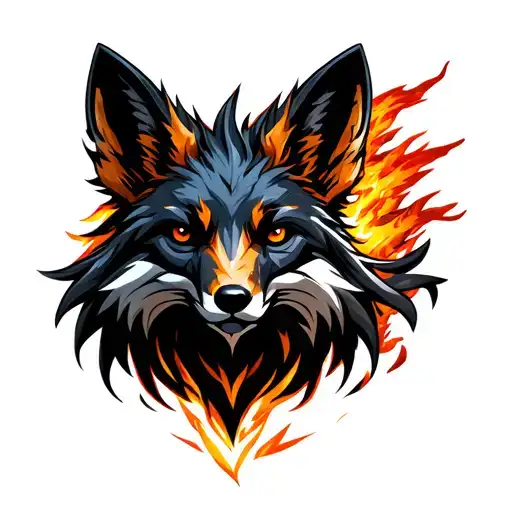 Forward facing Melanistic Cross Fox head mixed with Phoenix rising from ashes. Machinery and mechanical background. tattoo design idea