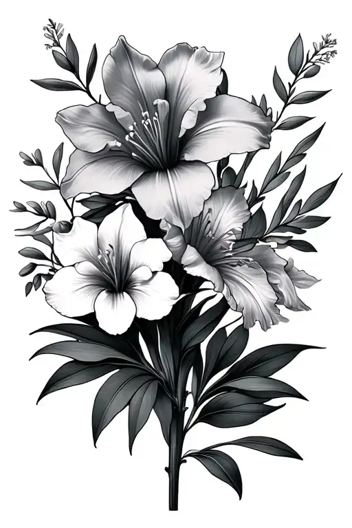 A delicate composition of several flowers and botanical elements. The design features a gladiolus, sprigs of eucalyptus, tattoo design idea