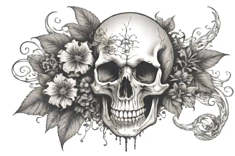 An intricate tattoo design of a skull surrounded by various poisonous plants like deadly nightshade and wolfsbane, with a lava lamp glowing in the background tattoo design idea
