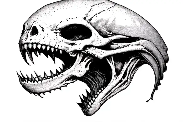 Alien Romulis elongated skull with an open mouth with fangs in saliva tattoo design idea