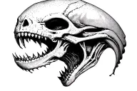 Alien Romulis elongated skull with an open mouth with fangs in saliva tattoo design idea