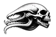 Alien Romulis elongated skull with an open mouth with fangs in saliva tattoo design idea