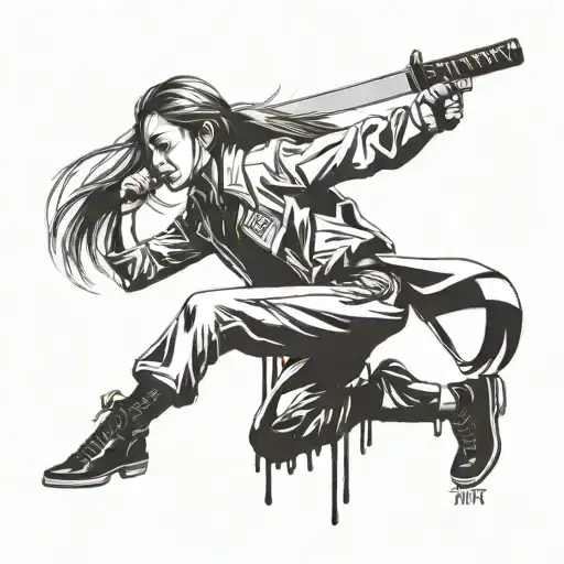 girl hara kiri kill bill style black and white illustration tattoo design idea